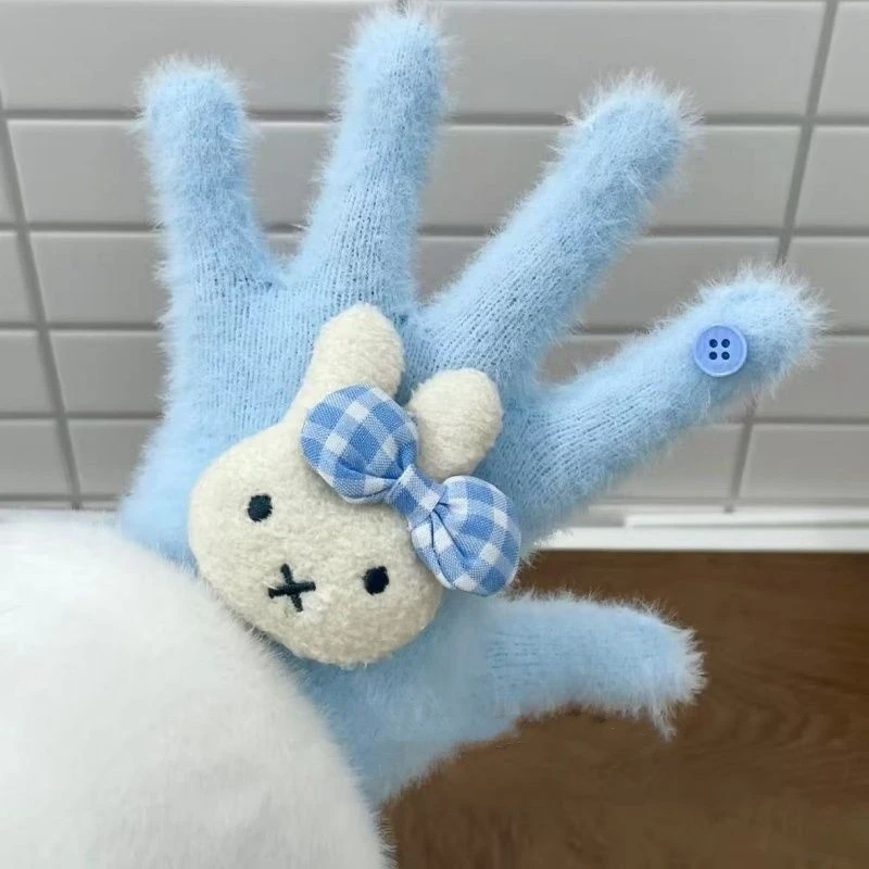 可爱米非菟毛茸茸蓝色五指手套冬季御寒保暖上班族骑行适用学生