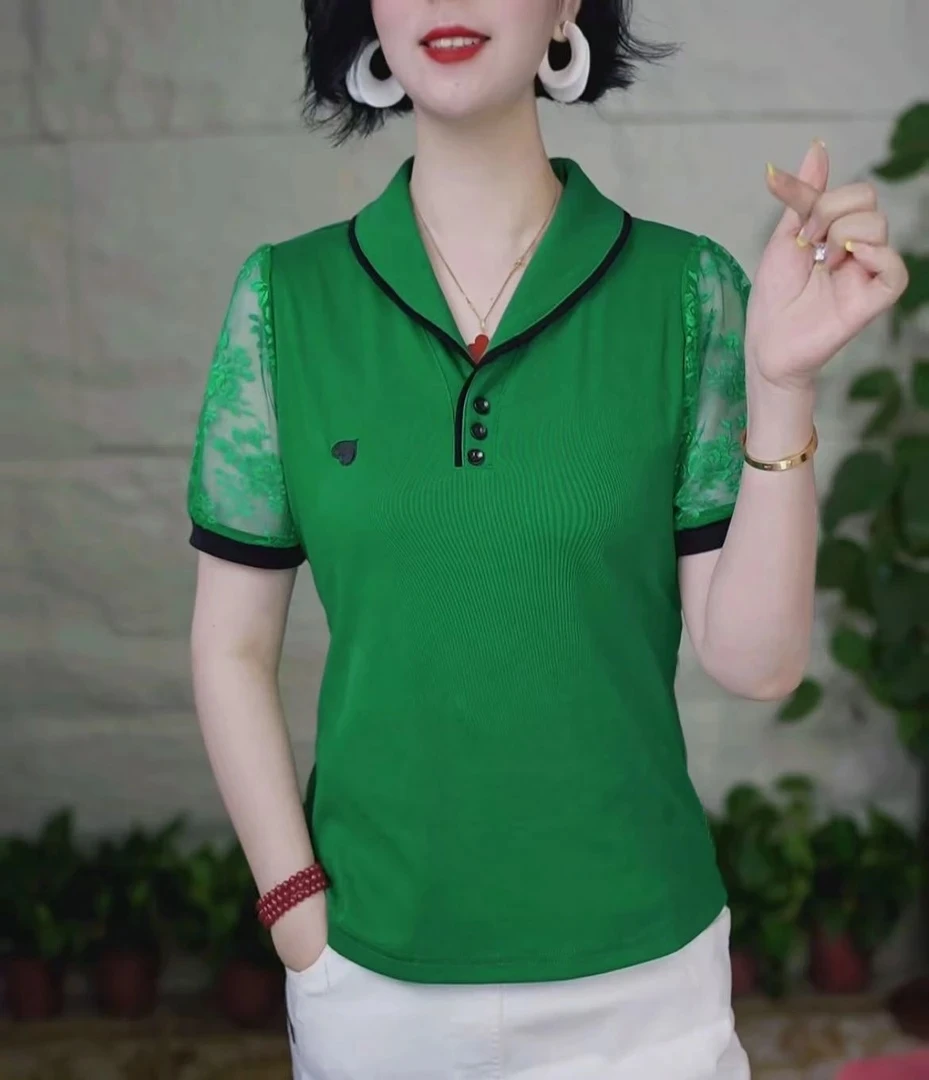 夏季新款时尚洋气翻驳领蕾丝袖短袖t恤宽松显瘦减龄气质女装上衣