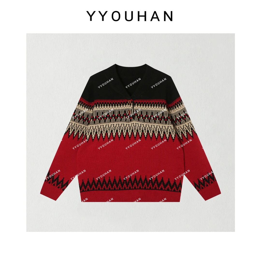 月月不吃鱼2025春款小翻领复古提花毛衣百搭长袖针织衫 2412B6268