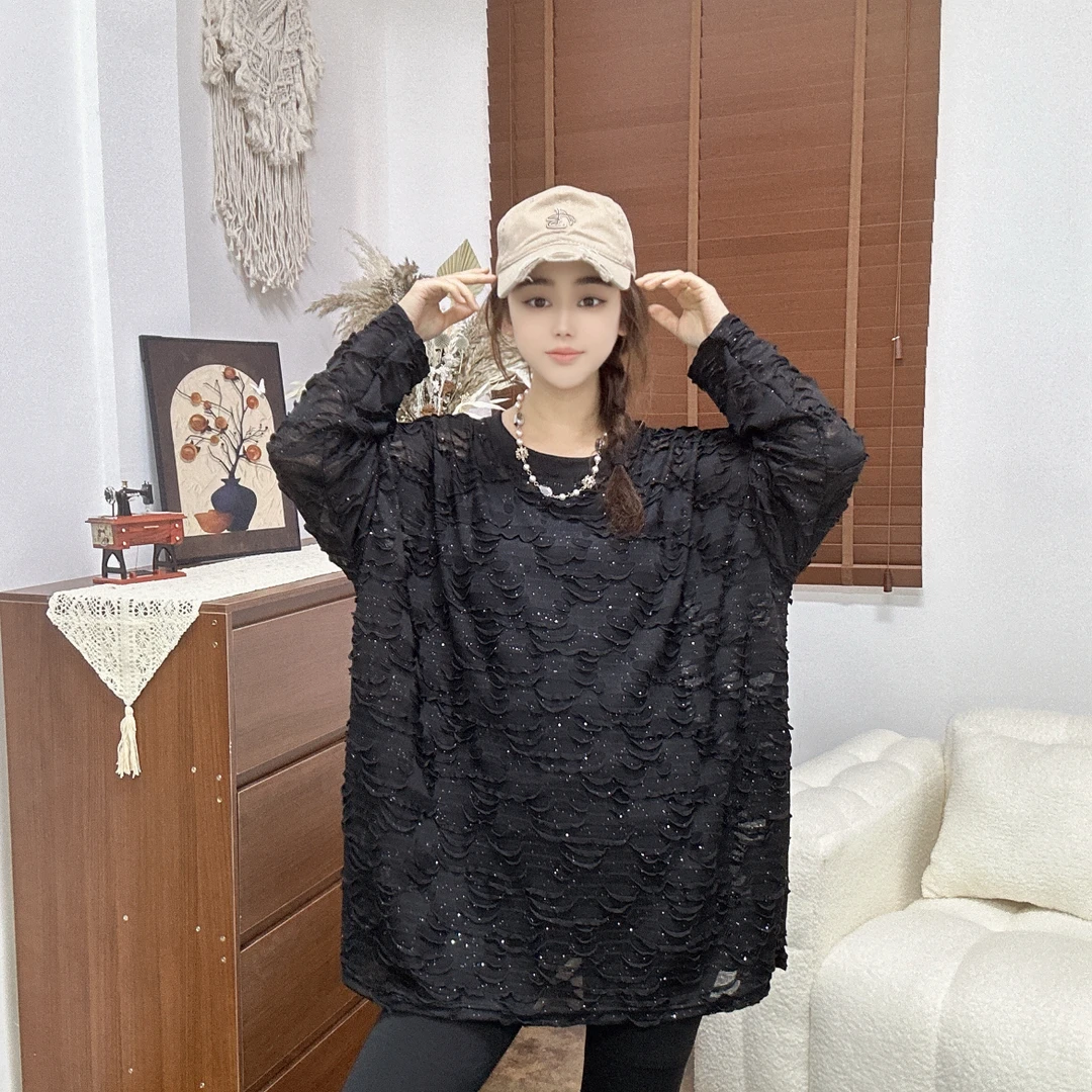 LU/鹿儿Y3355大版宽松破洞百搭时尚洋气简约休闲慵懒长袖圆领上衣