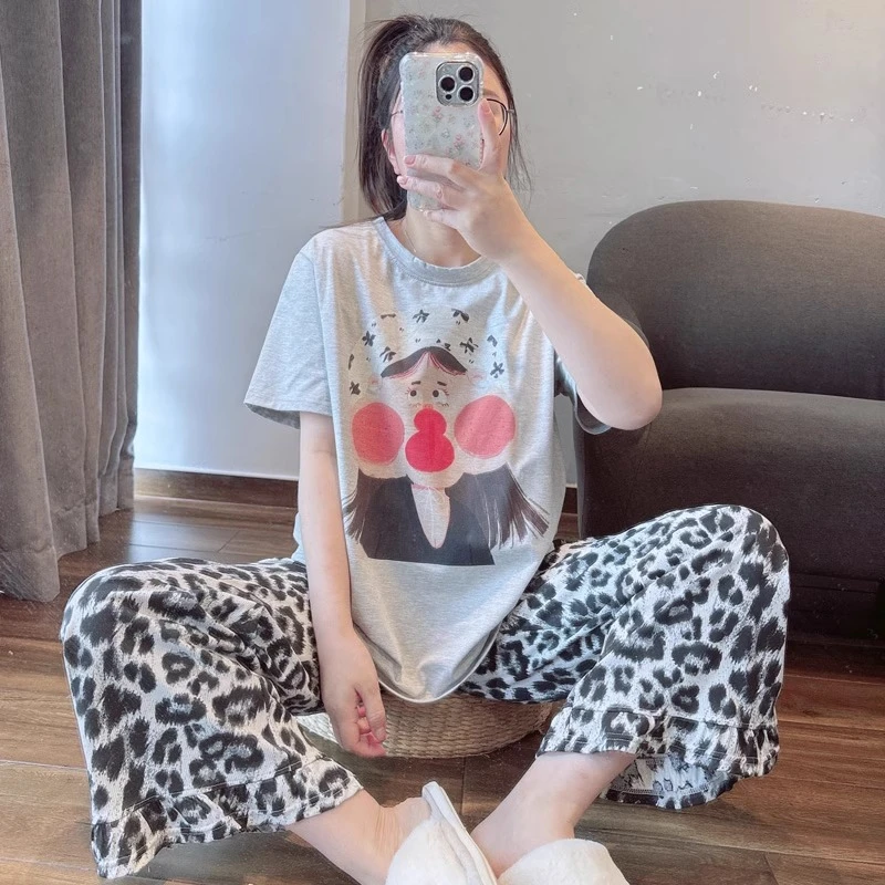 2025年新款豹纹睡衣女夏季莫代尔短袖长裤韩版家居服两件套可外穿