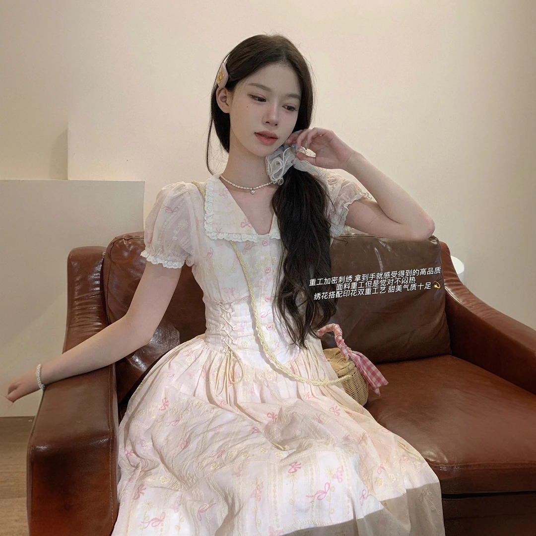 温柔一夏碎花短袖连衣裙长裙收腰显瘦女2025新款夏气质风
