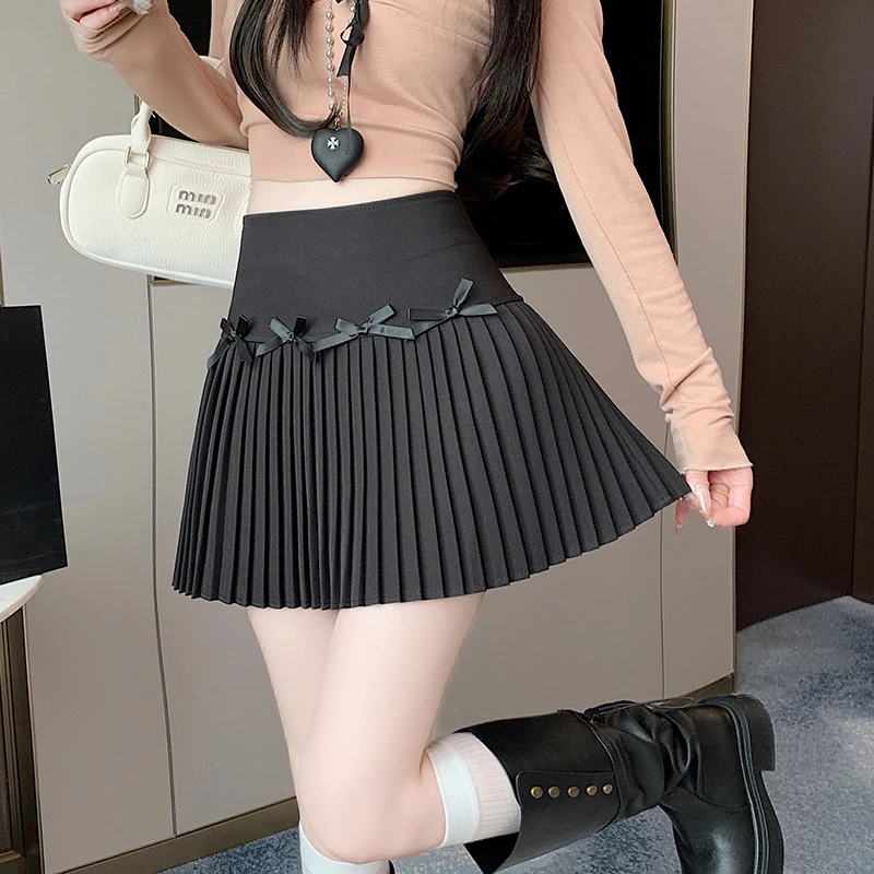 百褶蝴蝶结半身裙春夏季新款高腰显瘦小个子韩版防走光A字包臀裙