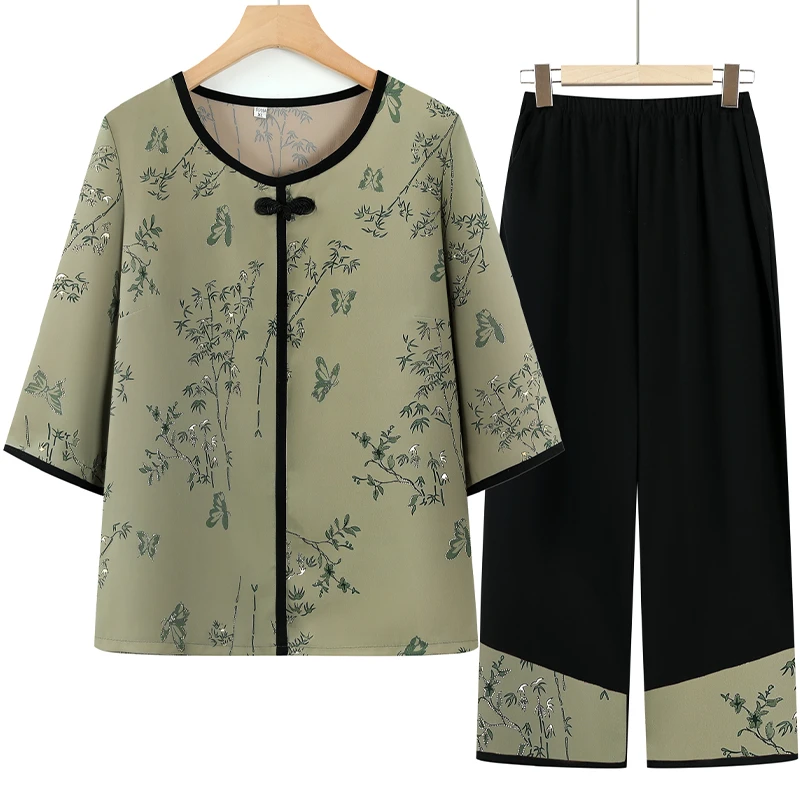 中老年女装夏季休闲套装洋气妈妈装大码七分袖上衣奶奶装两件套薄