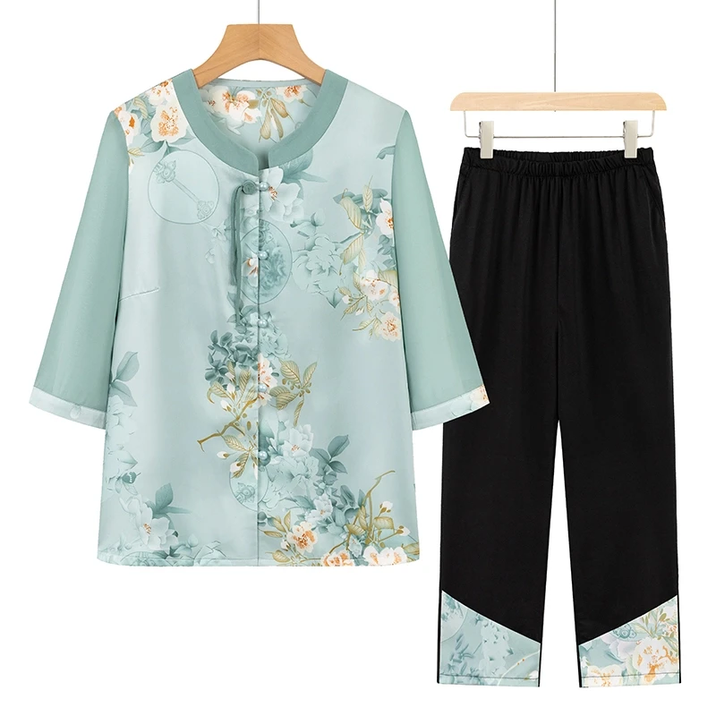 老年人夏装女奶奶新中式国风衬衫套装中老年妈妈洋气老人太太衣服