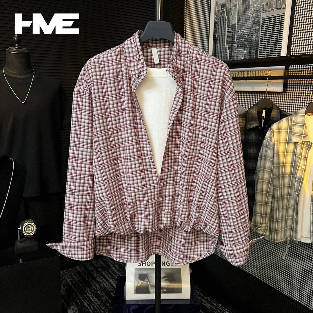 【HMEYAO】【天丝亚麻赤格蚀梦】层次感铆钉拼接格纹假两件衬衣男