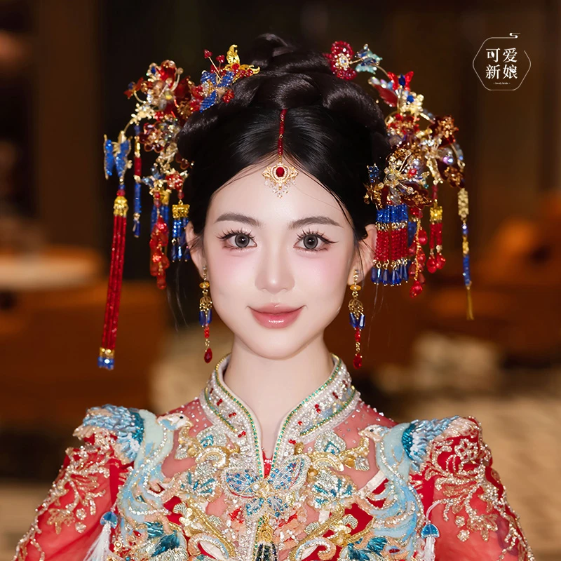 中式新娘头饰高级重工红蓝水晶发簪古典秀禾龙凤褂发饰20250304