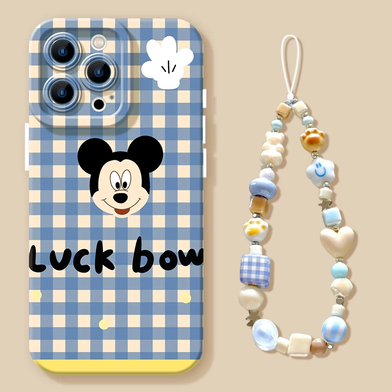 格纹米奇适用苹果16pro手机壳iphone13卡通16promax可爱15带挂链