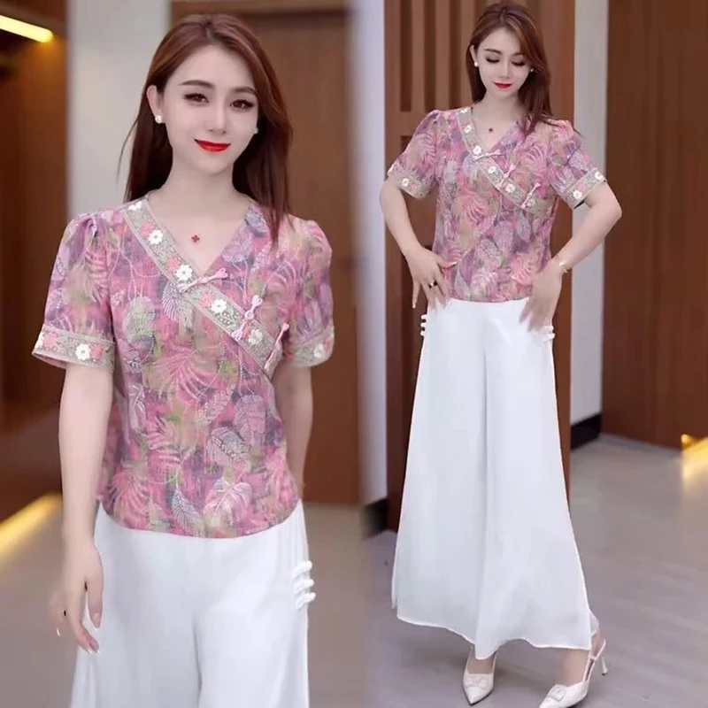 夏季新款2025中式小衫优雅盘扣洋气显瘦减龄短袖碎花旗袍上衣女