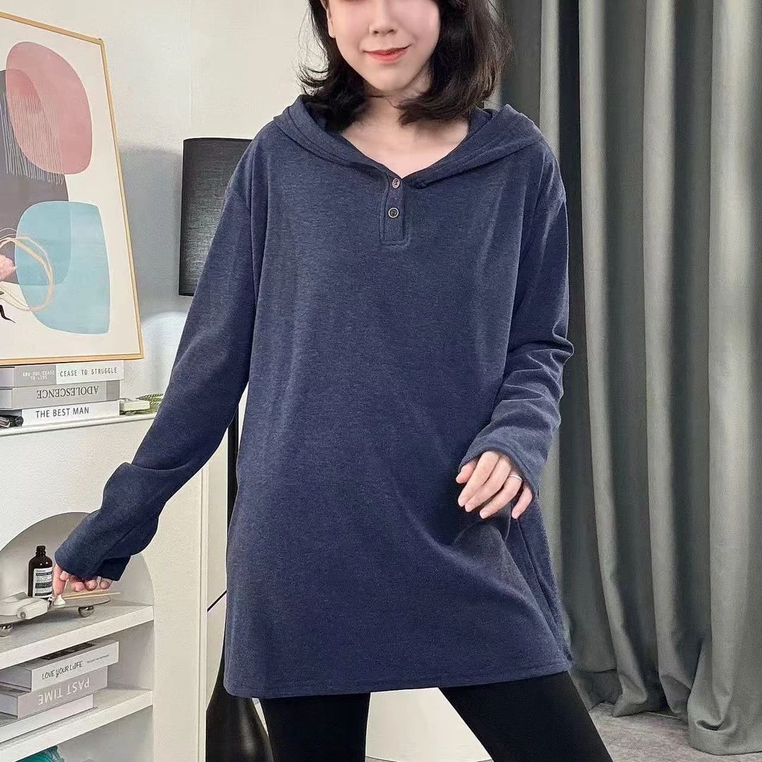 秋冬新款纯色大版型大码宽松休闲女款长袖连帽帽衫T恤G1019