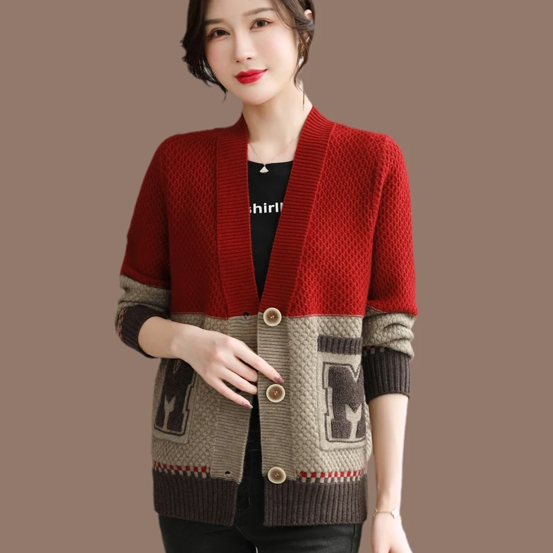 啄木鸟拼色针织开衫女2025新款胖大码羊毛衫披肩外搭春秋中年毛衣