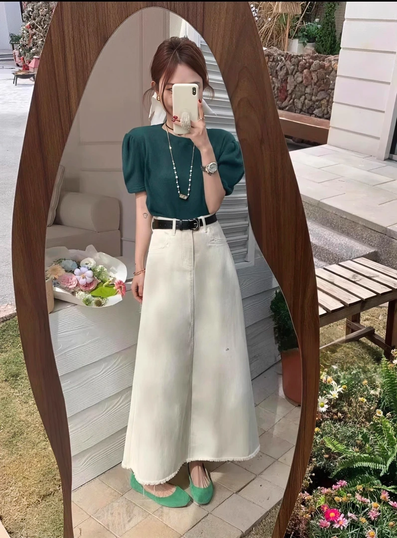 夏季新款奶茶色长款显瘦A字牛仔半身裙休闲风