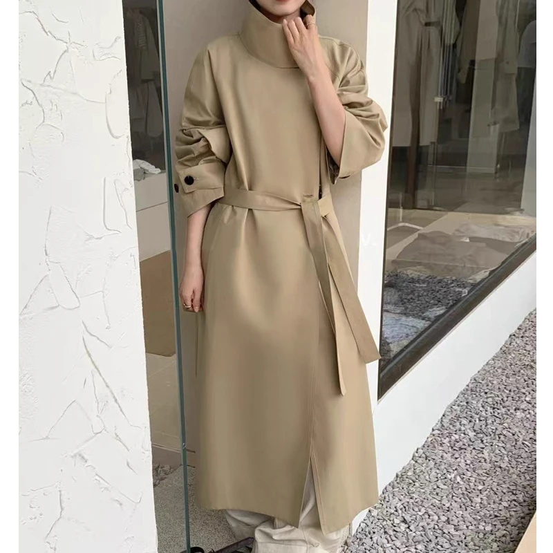 【25095】英伦风立领中长款系带收腰显瘦风衣外套女