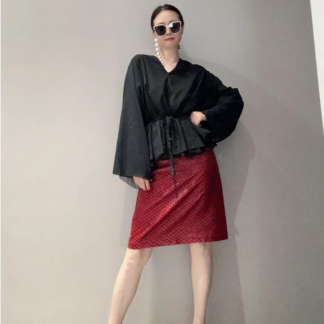 小众设计V领桑蚕丝系带长袖衬衣MT10345