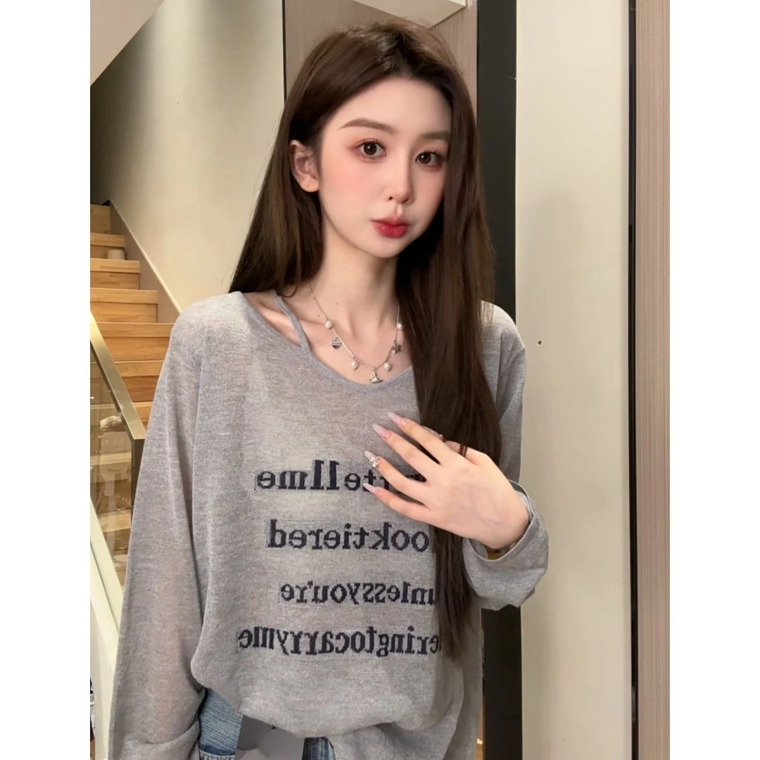 灰色防晒罩衫长袖T恤女夏季宽松慵懒风露肩薄款微透设计感上衣潮