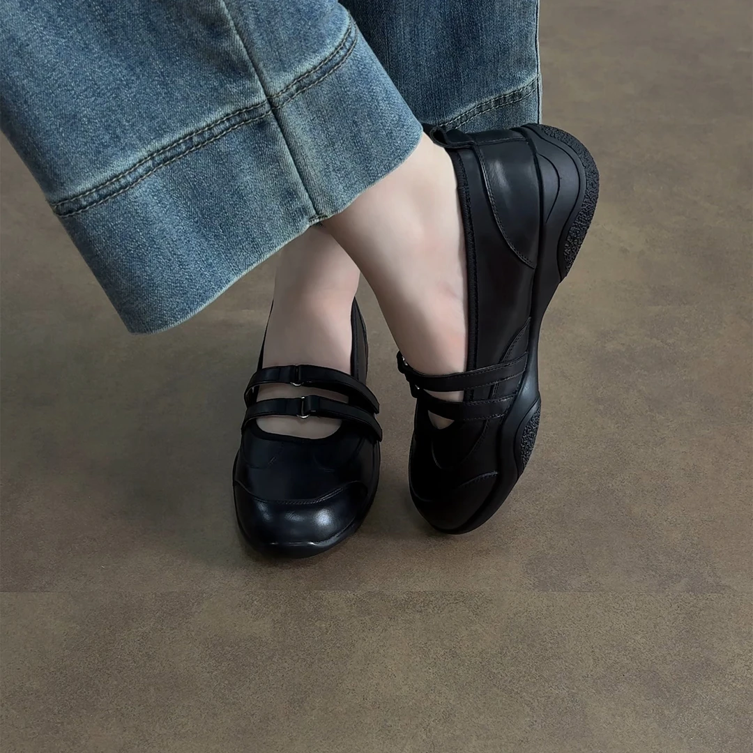 5cm/ED2320牛皮圆头休闲单鞋女春秋百搭真皮软底日系学院风平底鞋