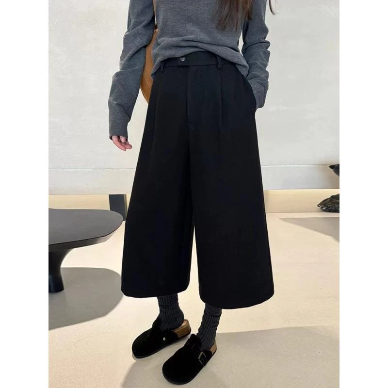 5019#高品质加绒阔腿裤日系毛呢宽松显瘦秋冬新款八分裤