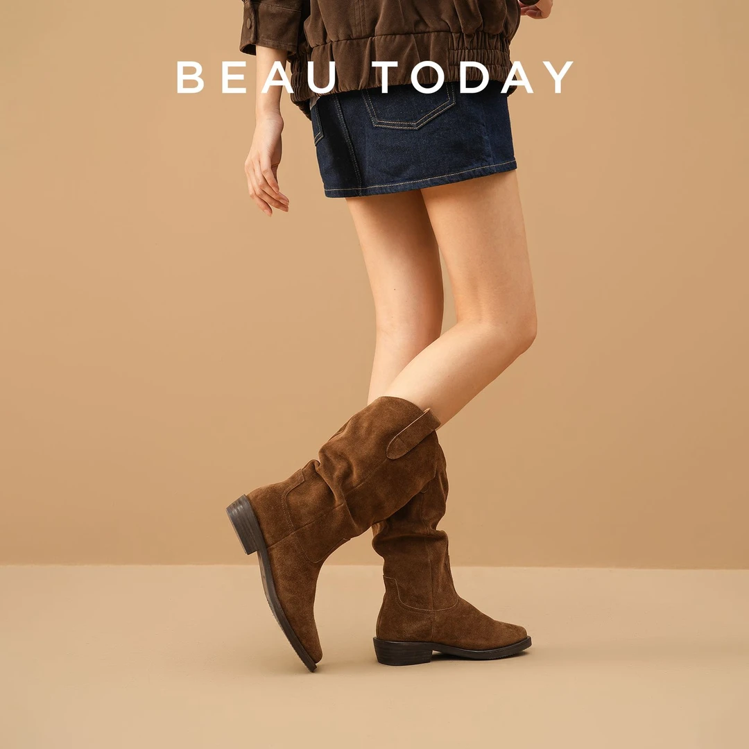 BeauToday【牛皮】琥珀流光复古反绒中筒靴女款新款秋冬粗跟堆堆靴