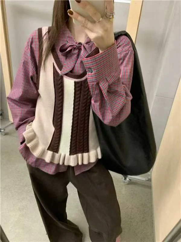 欧货2025秋季新时尚韩系格纹衬衫+针织背心两件头套装女ins气质潮