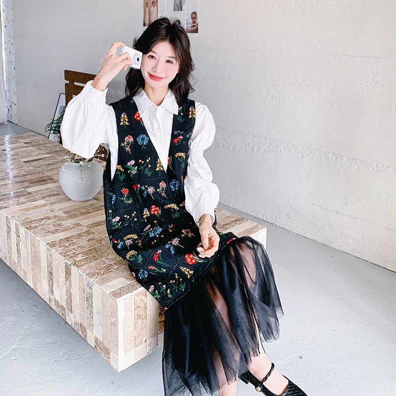 学院风减龄小个子黑色提花网纱拼接背带裙女独特超好看爆款连衣裙