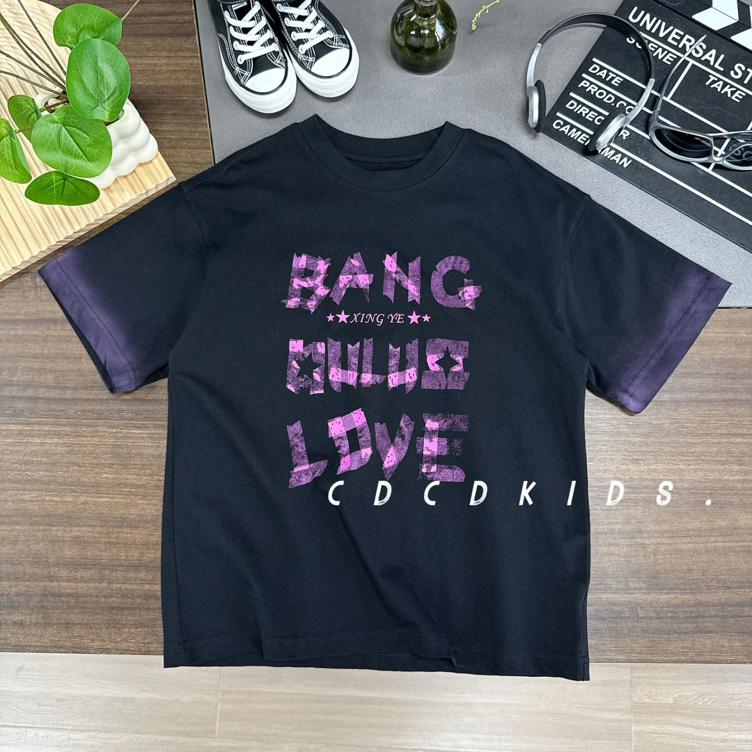 儿童夏季T恤短袖休闲撞色字母印花高克重双纱韩版宽松上衣XY88007