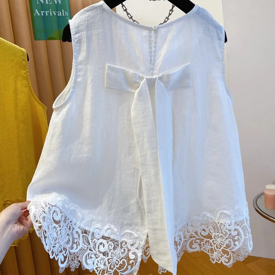 蕾丝无袖蝴蝶结拼接衬衫2025夏季气质显瘦宽松女生韩系ins衣服