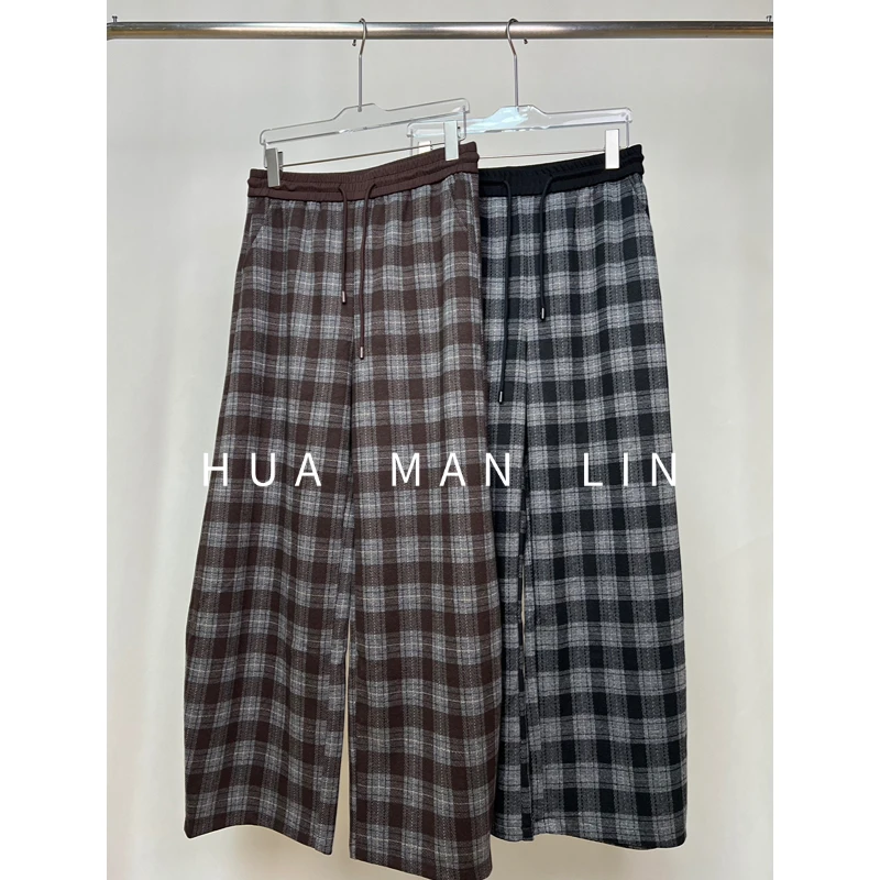 【花满林】两色全松紧腰抽绳格子休闲直筒裤55670