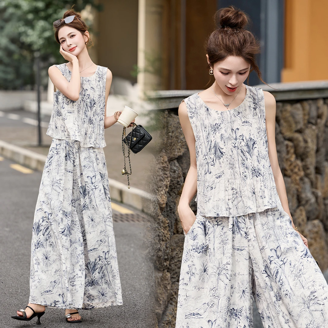 复古洋气印花阔腿裤两件套2025夏季新款韩版减龄无袖上衣时尚套装
