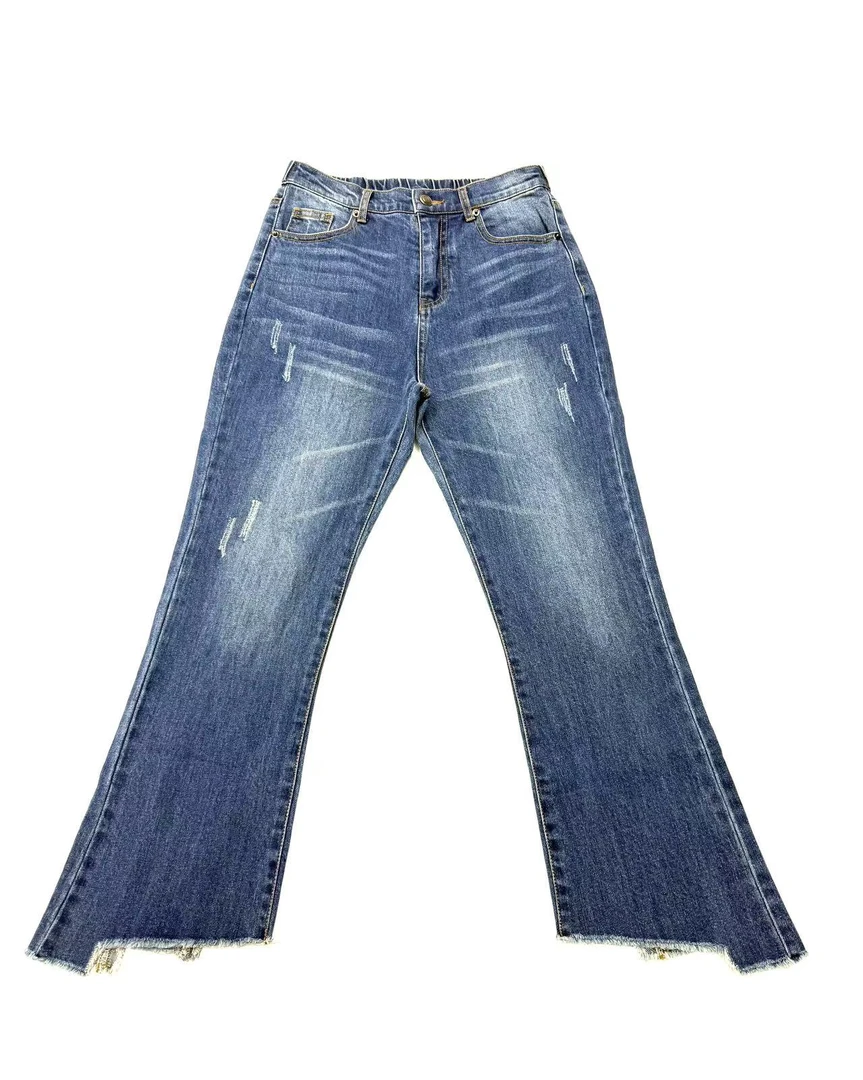 中高腰修身半松紧九分牛仔显瘦拼接流苏喇叭裤女