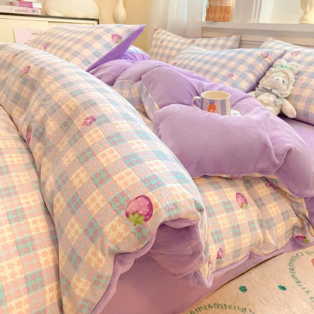 四件套双层纱加绒双面绒单人加厚学生宿舍小清新绒被奶绒