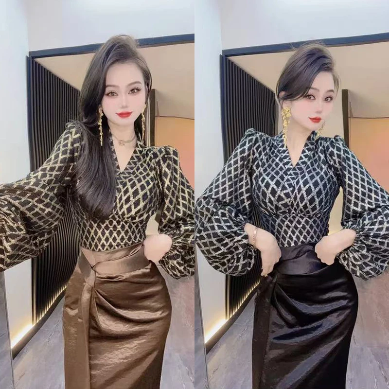春季新款衬衫修身灯笼袖千鸟格斜襟设计感复古薄款收腰V领网红