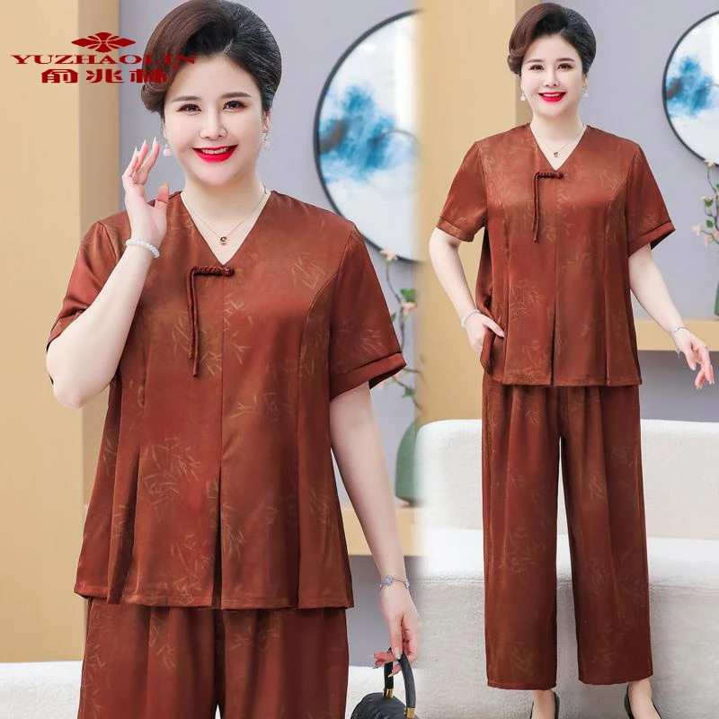 俞兆林2025新款胖妈妈夏装短袖套装洋气国风中老年女夏季遮肚小衫