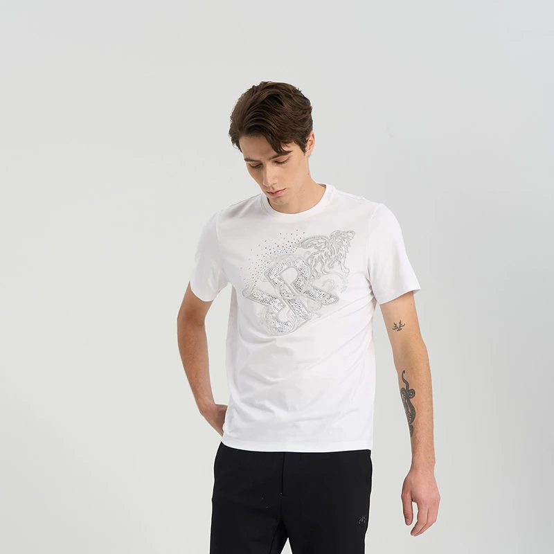 RARE威雅黑白两色飞狮烫钻休闲圆领短袖T恤