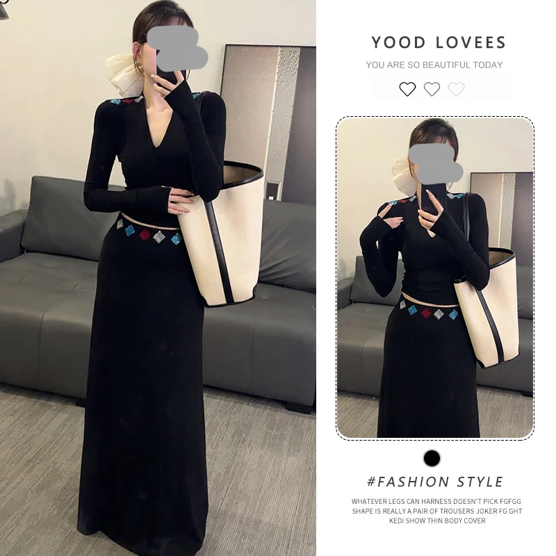 优雅性感套装2025春秋季新款烫钻印花长袖上衣半身裙气质两件套女