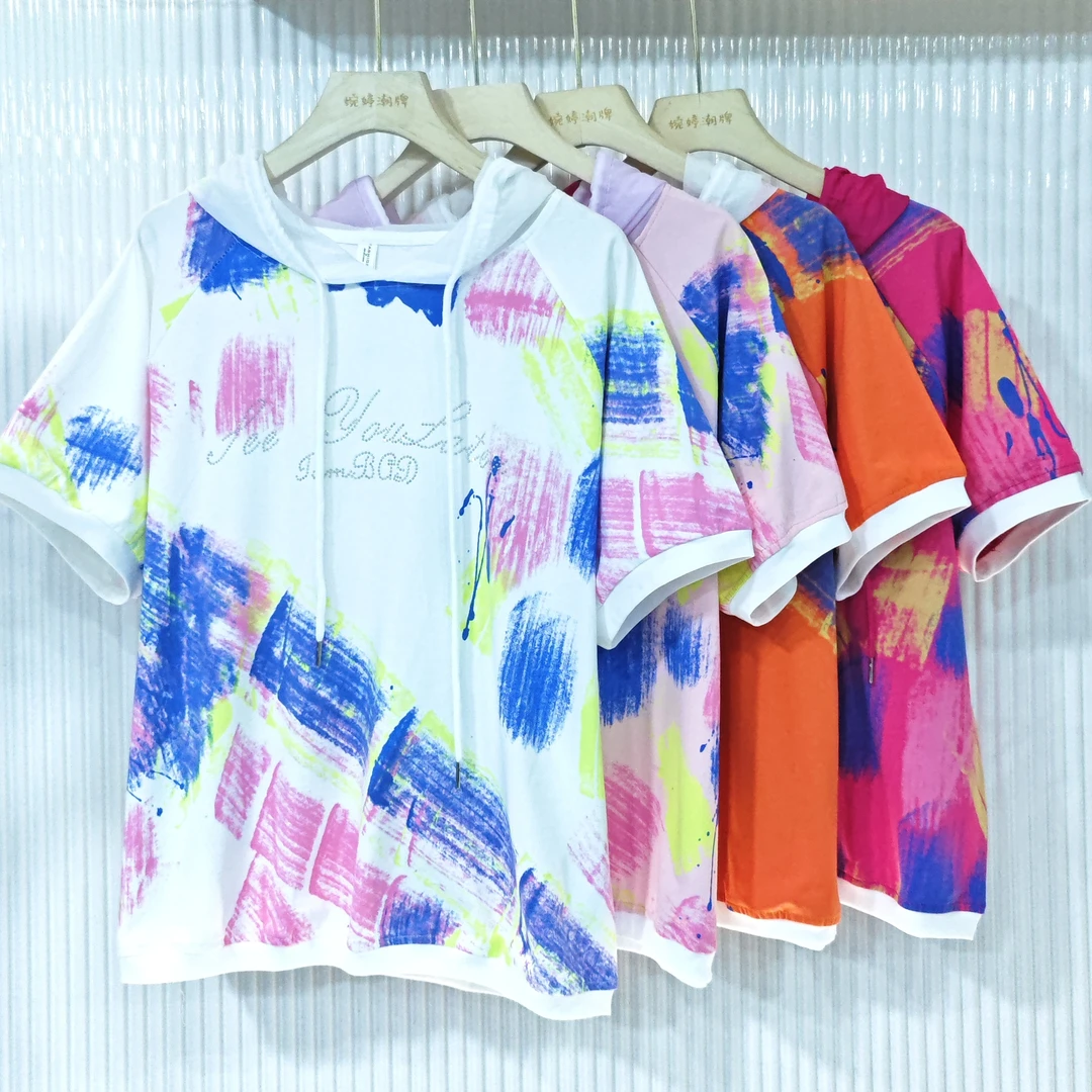 【婉婷服饰】2539连帽短袖T恤夏季潮牌时尚百搭休闲女装宽松