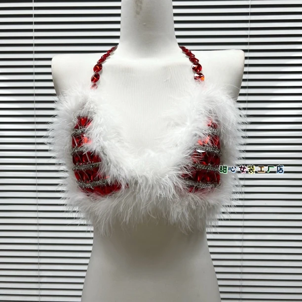 甜心家原创系列新款重工小众鸵鸟毛轻奢欧美吊带设计感小背心