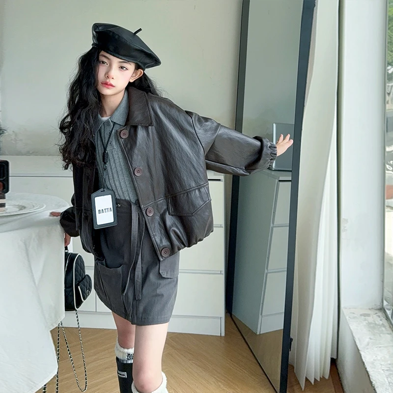 女童2025新款休闲风春秋常规款单排扣皮衣夹克中大童秋冬休闲韩版