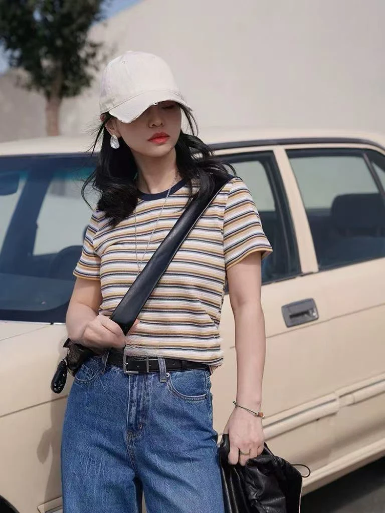 拼色时髦立体感条纹休闲感合身短袖T恤1880