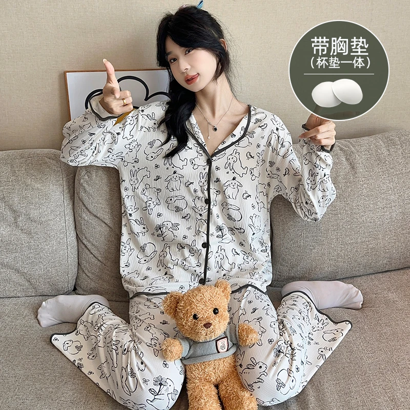春秋季新款棉质棉皱布翻领卡通睡衣女长袖宽松带胸垫套装家居服