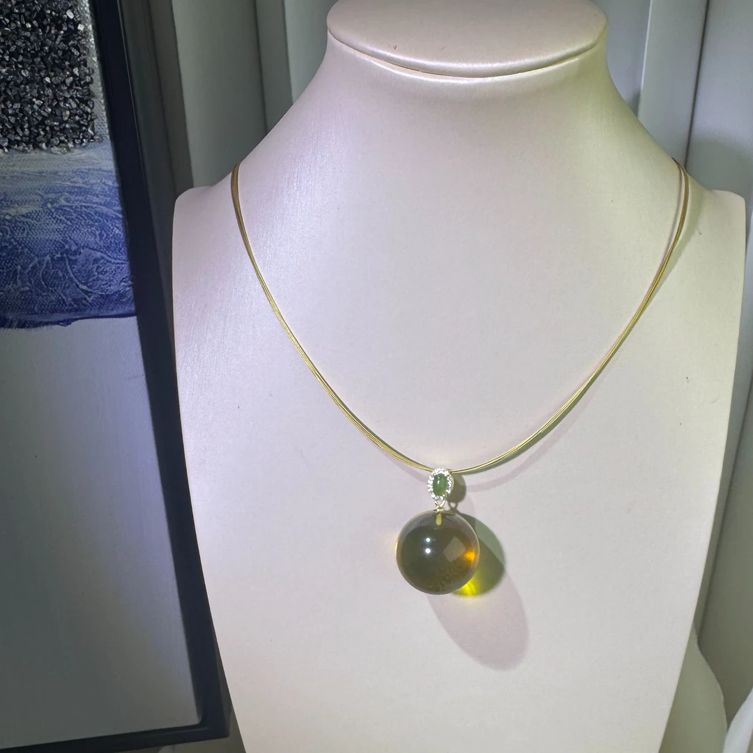 大彬珠宝-22mm天然墨西哥蓝珀单珠吊坠项链时尚气质简约项链