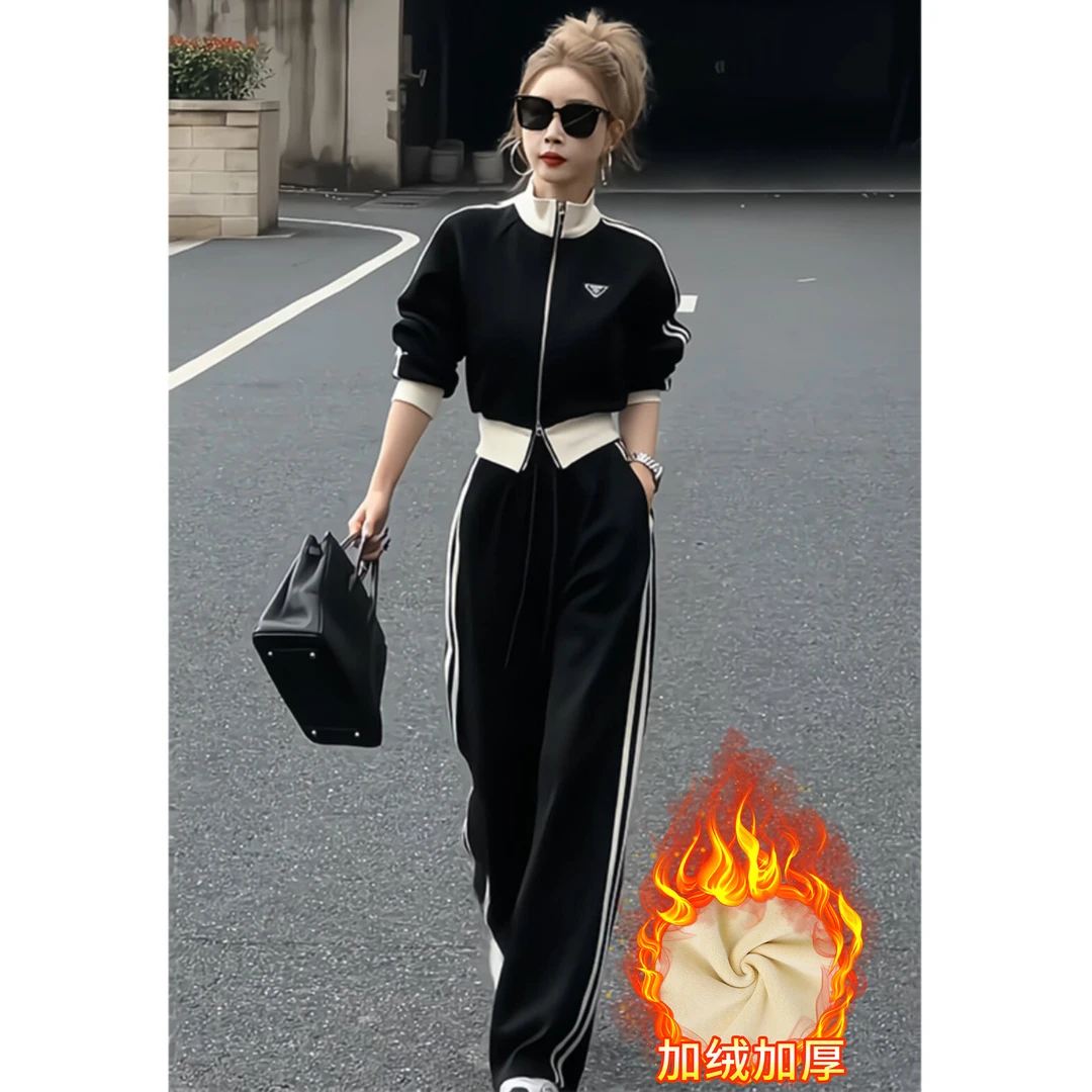 2025冬季德绒加绒加厚休闲运动套装女撞色外套卫衣阔腿裤两件套装