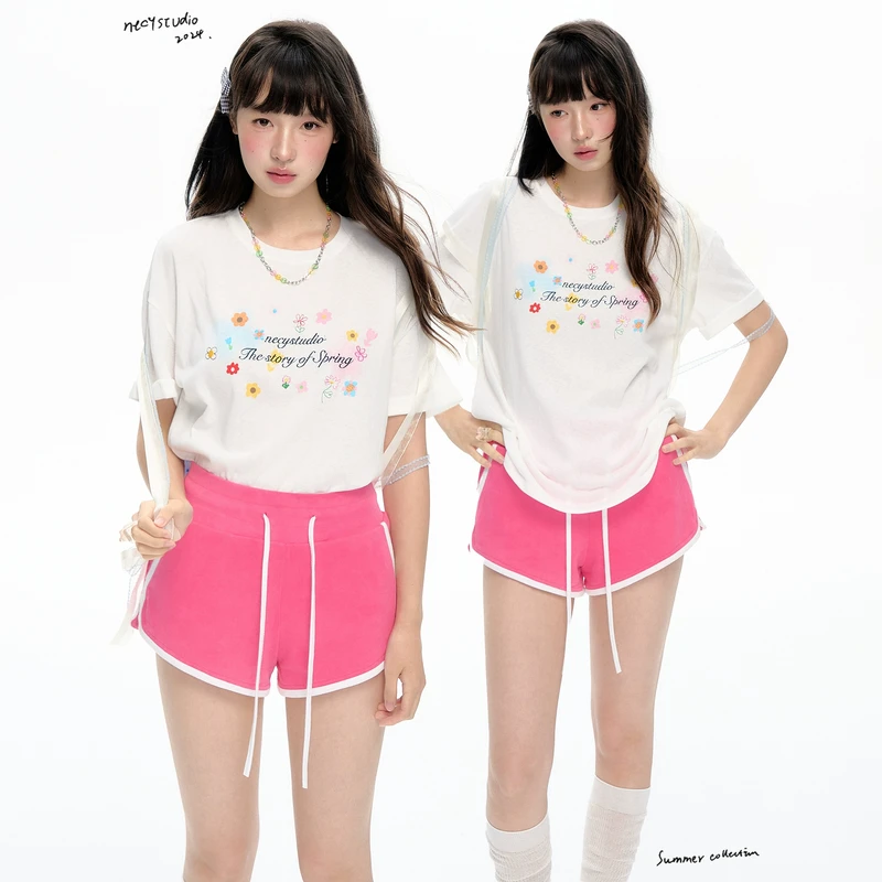 NECY“春天的故事”花朵基础t恤柔软宽松上衣正肩透气百搭短袖女