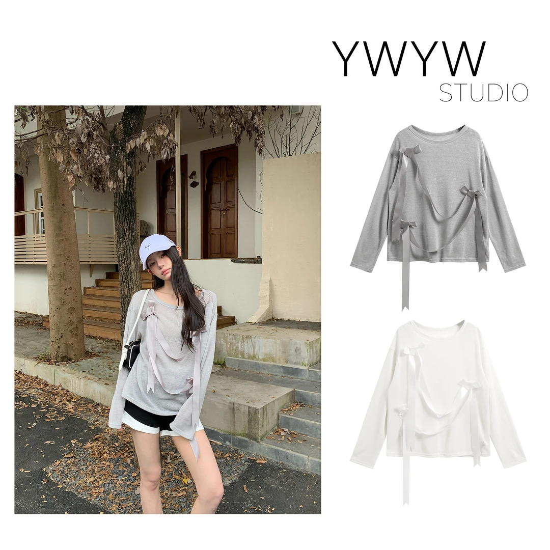 【YWYW25F/W】秋季百搭蝴蝶结织带回形针长袖宽松毛针织衫5366