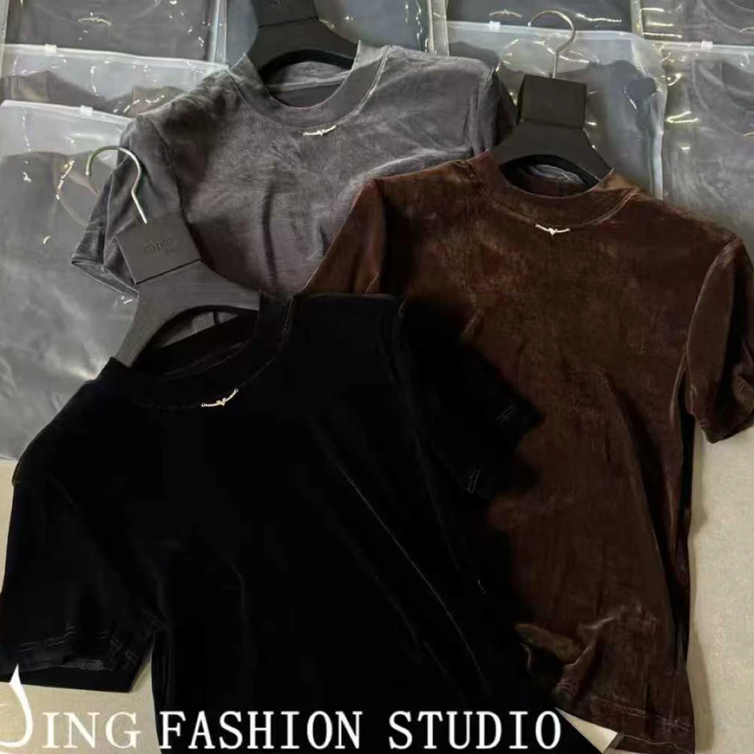 JING2025秋季新款丝绒圆领短袖T恤女装时尚休闲百搭潮流品质上衣