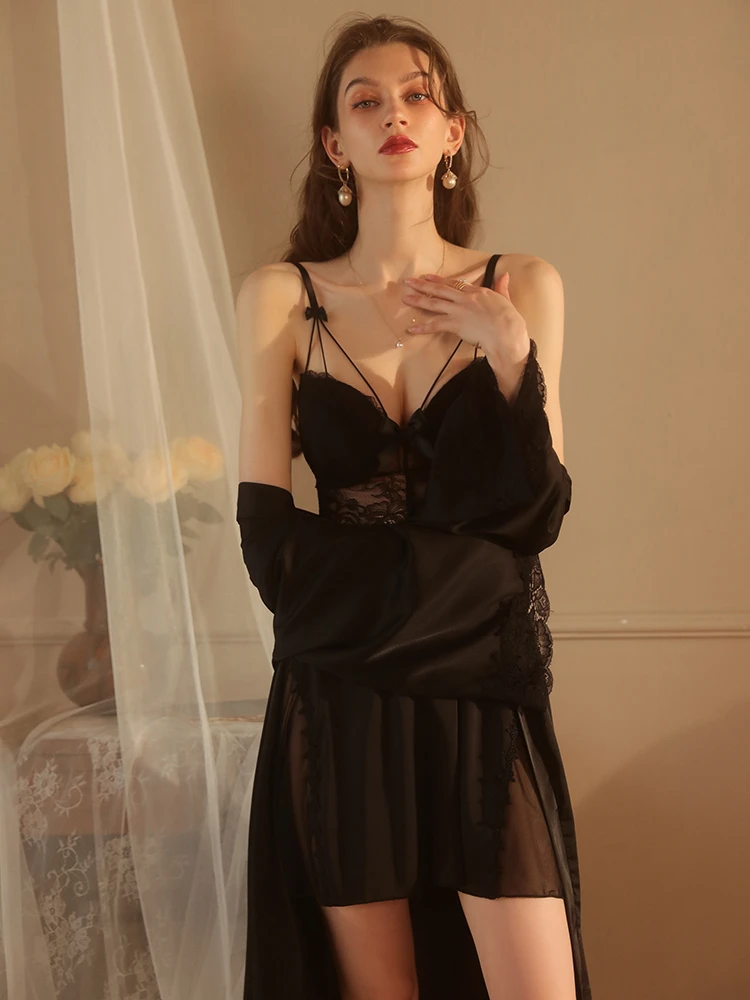 性感蕾丝诱惑钢圈聚拢显瘦加胸垫大码吊带裙女家居服套装