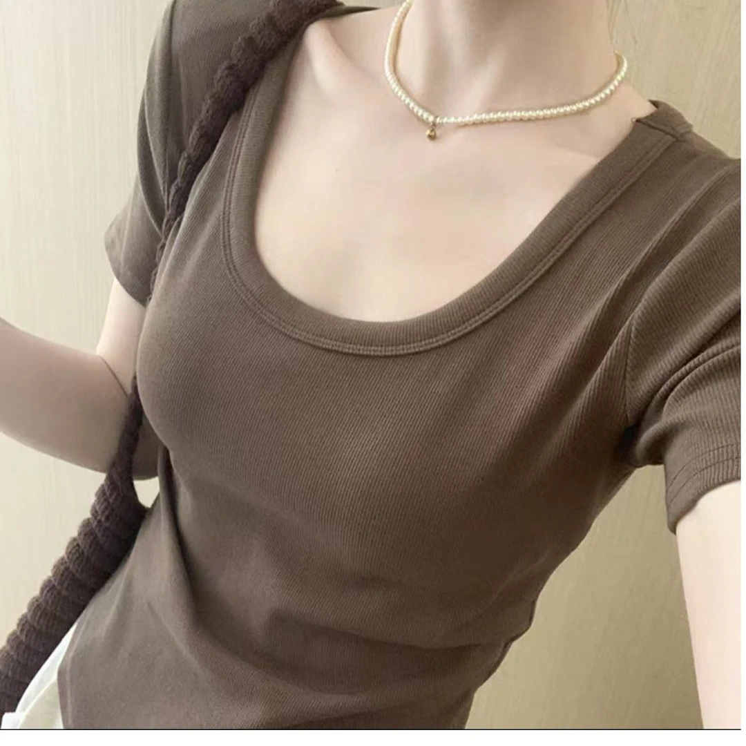 棉~韩系多巴胺U领正肩短袖t恤女夏季新款修身显瘦收腰小个子上衣