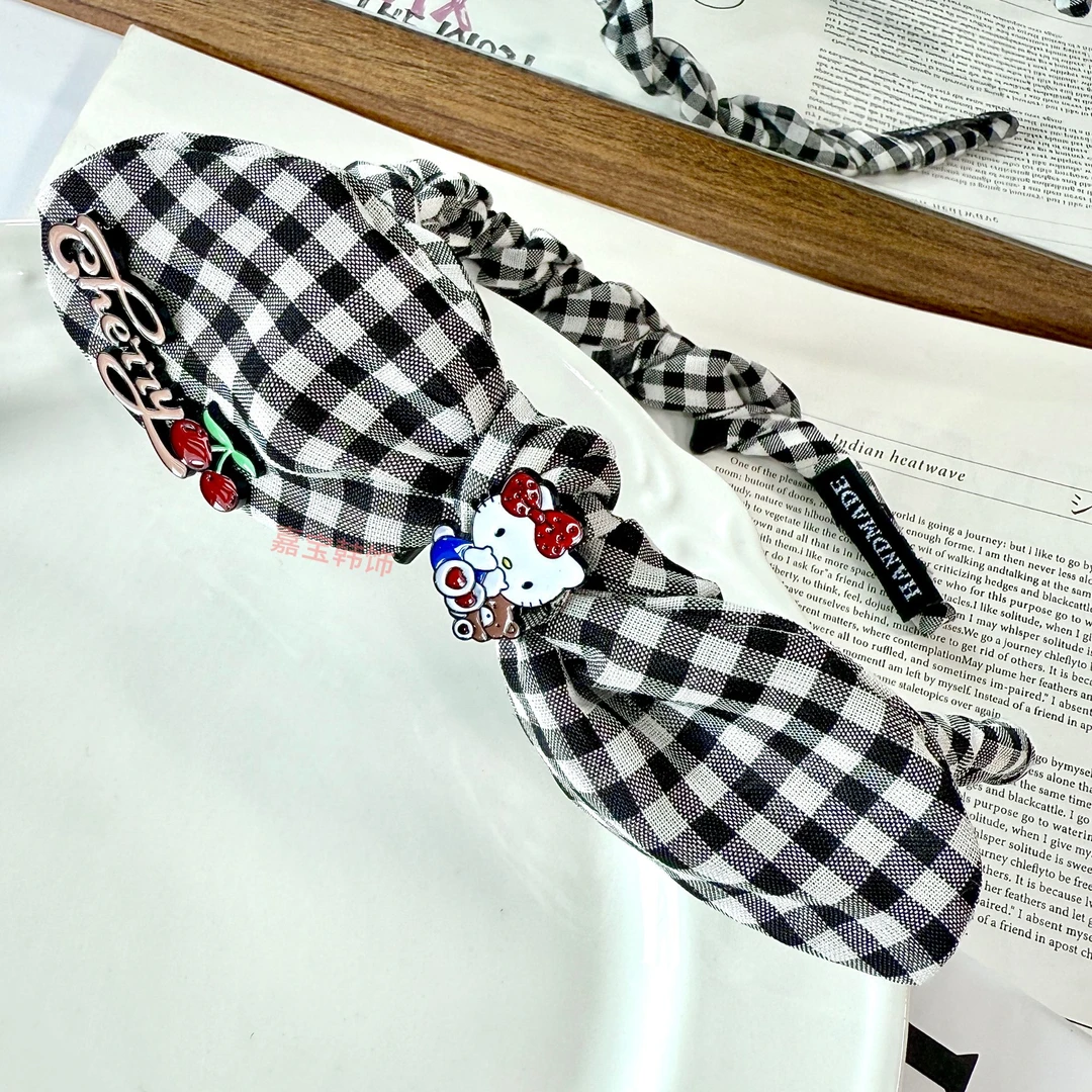 韩国东大门定制款原创设计轻奢Kitty黑白格蝴蝶结高颅顶发箍FG36