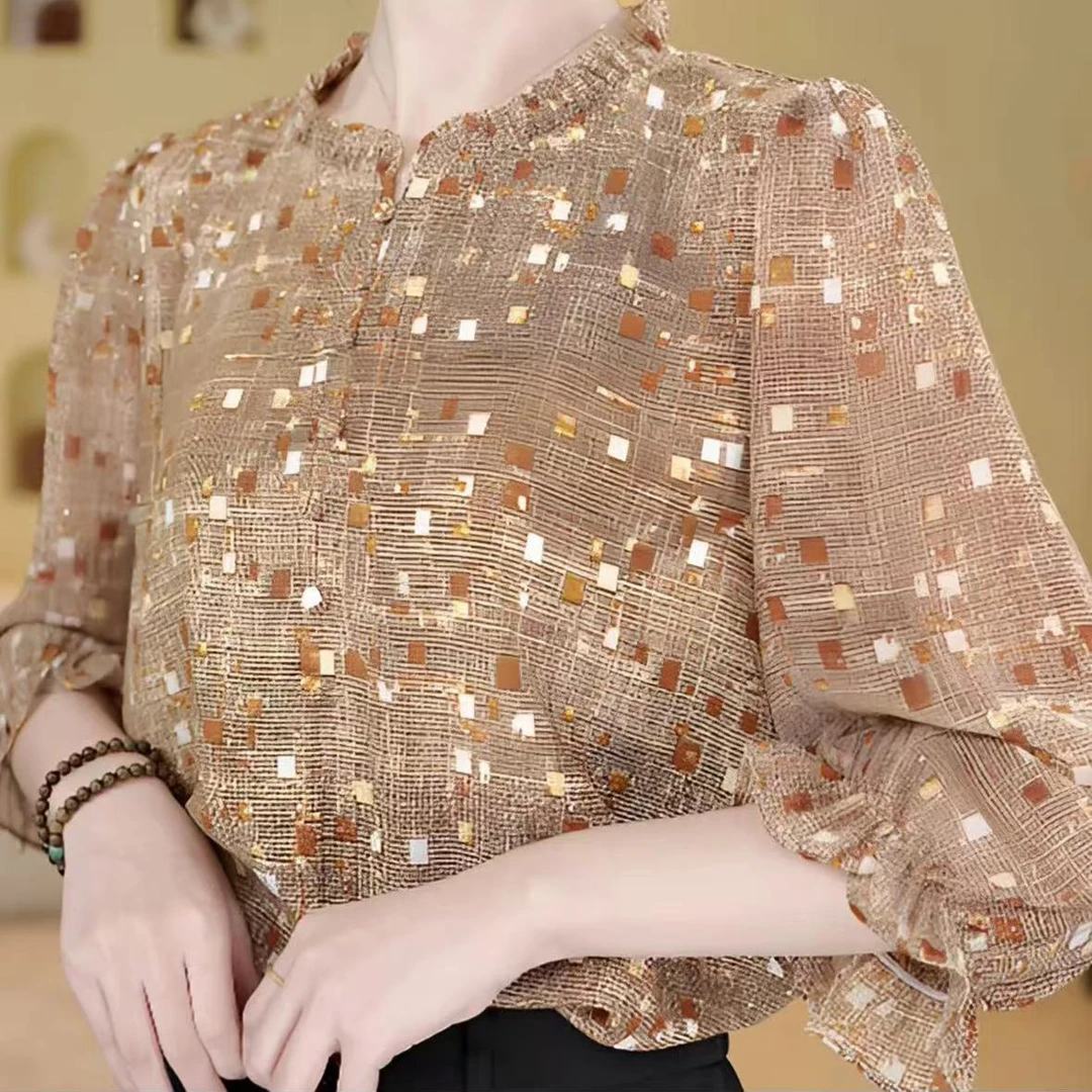 X杭州专柜春夏新款简约圆领通勤咖色波点衬衫女