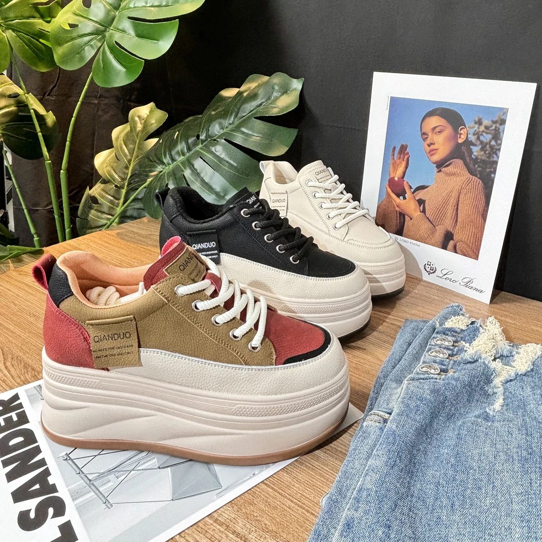 【增高8CM】2025春季新款百搭不累脚厚底系带小白鞋拼色运动休闲鞋