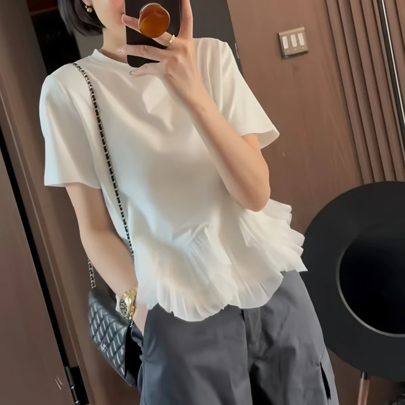 网纱下摆短袖女装夏季2025新款设计感别致大码宽松时尚显瘦上衣